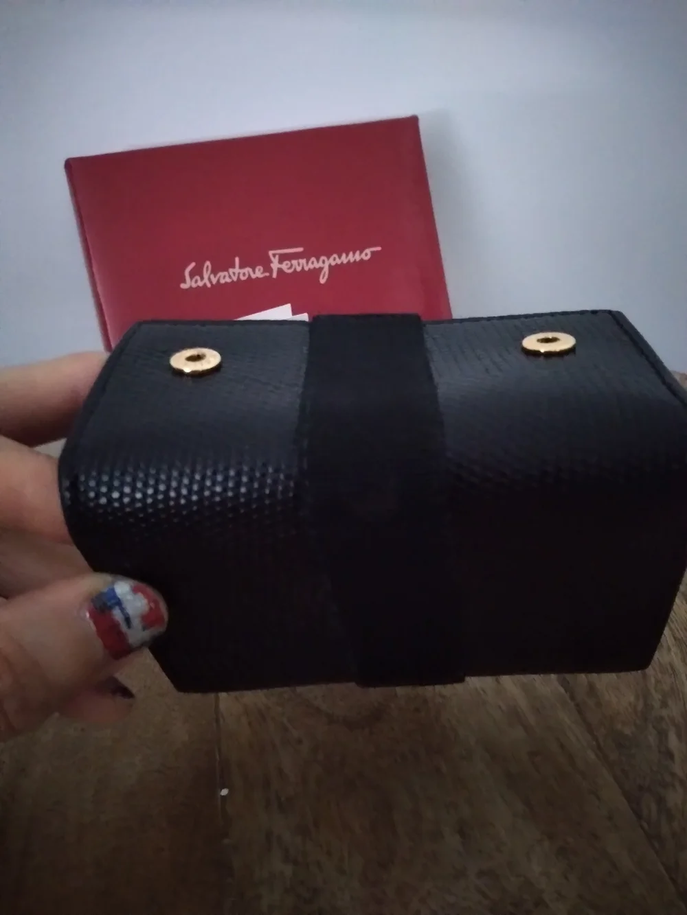 Salvatore Ferragamo Black Textured Leather Wallet with Gold Gancini